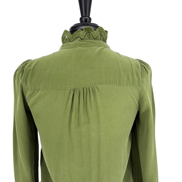 Sézane Chlo Embroidered 100% Silk Long Sleeve Blouse | Sz FR 32 (US 0) | Olive - Picture 14 of 16